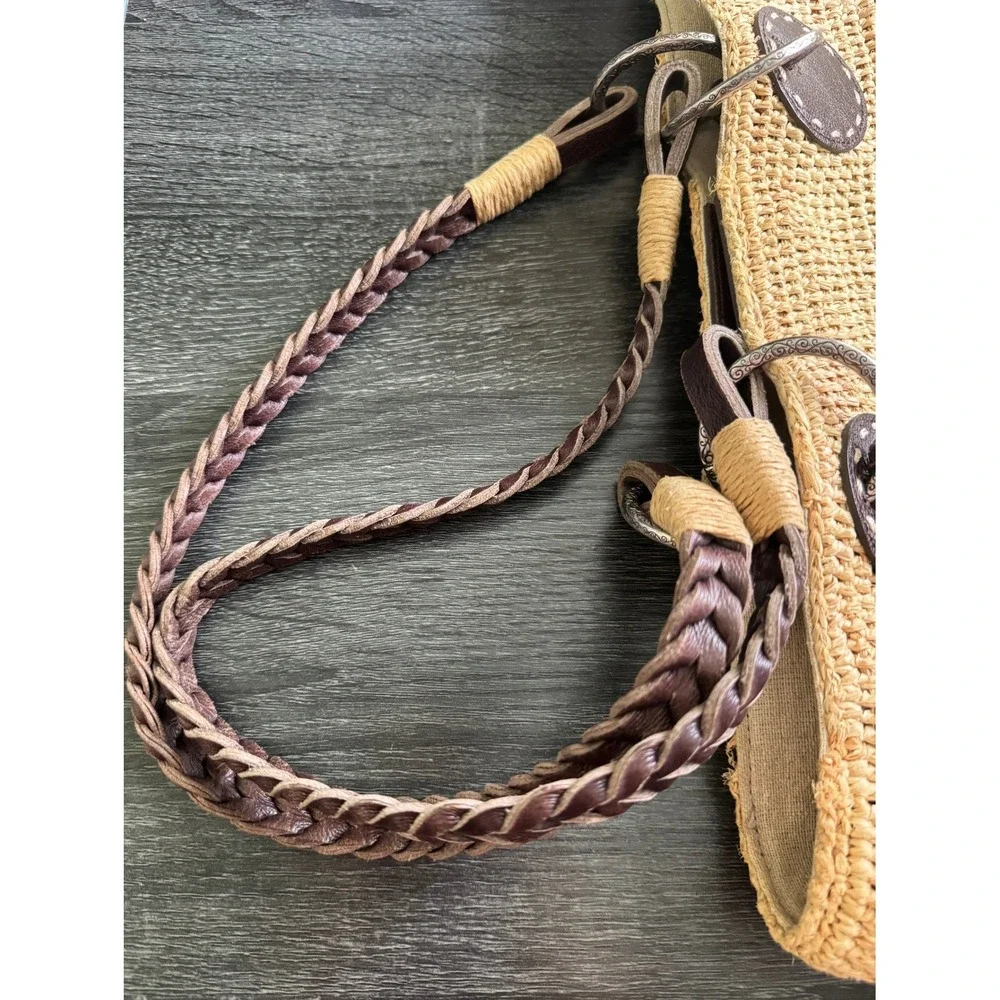 Brighton Straw Woven Raffia Tote Bag Braided Leather Straps Heart Charm Brown